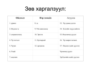 Зөв харгалзуул:
Ойлголт Нэр томъёо Агуулга
1. үржил 8. эс 13. Үр удмаа үлдээх
2. Өндгөн эс 9. Үйл ажиллагаа 14. Бэлгийн эсүүд нийлэх
3. сперматозоид 10. Эрхтэн 15. Өндгөвчид үүсдэг
4. Үр тогтолт 11. Булчирхай 16. Үр хөврөл хөгжих
5. Үрэвч 12. организм 17. Өндгөн эсийг үүсгэнэ
6. Умай Үрэвчинд үүснэ
7. өндгөвч Эр бэлгийн эсийг үүсгэнэ
 