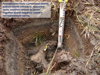 Помимо слоев пепла в низменных местах
острова можно наблюдать прослойки
песка, намытого морем, во время
поднятия уровня мирового океана в
постледниковый период.
 