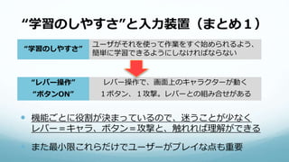 “学習のしやすさ”と入力装置（まとめ１）
 機能ごとに役割が決まっているので、迷うことが少なく
レバー＝キャラ、ボタン＝攻撃と、触れれば理解ができる
 また最小限これらだけでユーザーがプレイな点も重要
“学習のしやすさ”
ユーザがそれを使って作業をすぐ始められるよう、
簡単に学習できるようにしなければならない
“レバー操作” レバー操作で、画面上のキャラクターが動く
“ボタンON” １ボタン、１攻撃。レバーとの組み合せがある
 