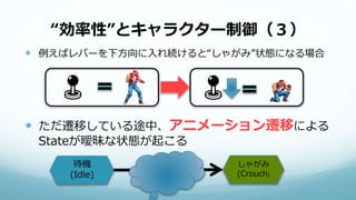 “効率性”とキャラクター制御（３）
 例えばレバーを下方向に入れ続けると“しゃがみ”状態になる場合
 ただ遷移している途中、アニメーション遷移による
Stateが曖昧な状態が起こる
待機
(Idle)
しゃがみ
(Crouch)
 