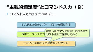 “主観的満足度”とコマンド入力（８）
 コマンド入力のチェックのフロー
システムからのレバー・ボタンを受け取る
検索テーブル上のコマンドすべてチェック
コマンド列毎の入力の成否・リセット
成立したコマンドは実行されるまで
リスト化して保存しておく
 