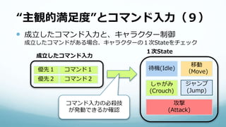 “主観的満足度”とコマンド入力（９）
 成立したコマンド入力と、キャラクター制御
成立したコマンドがある場合、キャラクターの１次Stateをチェック
待機(Idle)
移動
（Move)
しゃがみ
(Crouch)
ジャンプ
(Jump)
１次State
コマンド１優先１
コマンド２優先２
成立したコマンド入力
攻撃
(Attack)
コマンド入力の必殺技
が発動できるか確認
 