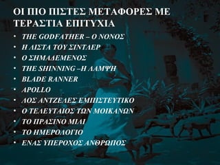 ΟΙ ΠΙΟ ΠΙΣΤΕΣ ΜΕΤΑΦΟΡΕΣ ΜΕ
ΤΕΡΑΣΤΙΑ ΕΠΙΤΥΧΙΑ
• THE GODFATHER – Ο ΝΟΝΟΣ
• Η ΛΙΣΤΑ ΤΟΥ ΣΙΝΤΛΕΡ
• Ο ΣΗΜΑΔΕΜΕΝΟΣ
• THE SHINNING –Η ΛΑΜΨΗ
• BLADE RANNER
• APOLLO
• ΛΟΣ ΑΝΤΖΕΛΕΣ ΕΜΠΙΣΤΕΥΤΙΚΟ
• Ο ΤΕΛΕΥΤΑΙΟΣ ΤΩΝ ΜΟΙΚΑΝΩΝ
• ΤΟ ΠΡΑΣΙΝΟ ΜΙΛΙ
• ΤΟ ΗΜΕΡΟΛΟΓΙΟ
• ΕΝΑΣ ΥΠΕΡΟΧΟΣ ΑΝΘΡΩΠΟΣ
 