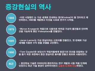 1966
1975
1989
1990
-이반 서덜랜드 는 가상 세계로 안내하는 창(Window)이 될 것이라고 제
안하면서, HMD를 개발했고 이것을 시초로 연구가 시작됨.
-Myron Krueger는 처음으로 사용자로 하여금 가상의 물건들과 인터랙
션을 가능하게 했던 Videoplace를 만들었다.
-Jaron Lanier는 가상 현실이라는 신조어를 만들었고, 첫 번째로 가상
세계를 이용한 수익 창출 모델을 고안했다.
-Tom Caudell은 보잉사가 작업자들에게 항공기의 전선을 조립하는 것
을 돕기 위한 과정에서 증강 현실이란 용어를 만들고 최초로 사용되었다.
- 증강현실 기술은 2000년대 중반까지는 연구 개발과 시험 적용 단계에
있었으나 최근 기술 환경이 갖추어지면서 실용화 단계에 진입하였다.
최근
 