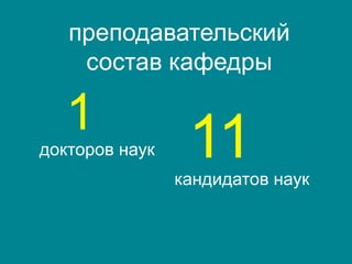 преподавательский
состав кафедры
1
докторов наук 11кандидатов наук
 