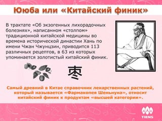 В трактате «Об экзогенных лихорадочных
болезнях», написанном «столпом»
традиционной китайской медицины во
времена исторической династии Хань по
имени Чжан Чжунцзин, приводится 113
различных рецептов, в 63 из которых
упоминается золотистый китайский финик.
Самый древний в Китае справочник лекарственных растений,
который называется «Фармакопея Шеньнуна», относит
китайский финик к продуктам «высшей категории».
枣
 