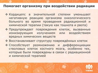 Помогает организму при воздействии радиации
 Кордицепс в значительной степени уменьшает
негативную реакцию организма онкологического
больного во время проведения радиационной и
химической терапии (такую как тошнота и рвота)
 Предупреждает повреждения клеток, вызванные
ионизирующим излучением или воздействием
вредных химических веществ
 Восстанавливает структуру повреждённых клеток
 Способствует размножению и дифференциации
стволовых клеток костного мозга, особенно тех,
которые были повреждены в связи с радиационной
и химической терапией
 