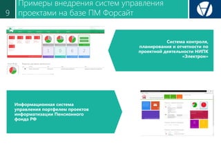 Примеры внедрения систем управления
проектами на базе ПМ Форсайт9
Система контроля,
планирования и отчетности по
проектной деятельности НИПК
«Электрон»
Информационная система
управления портфелем проектов
информатизации Пенсионного
фонда РФ
 