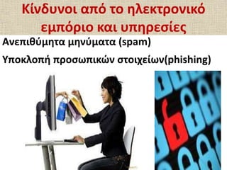Κίνδυνοι από το ηλεκτρονικό
εμπόριο και υπηρεσίες
Ανεπιθύμητα μηνύματα (spam)
Υποκλοπή προσωπικών στοιχείων(phishing)
 