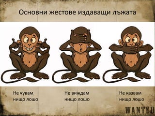 Основни жестове издаващи лъжата
Не чувам
нищо лошо
Не виждам
нищо лошо
Не казвам
нищо лошо
 