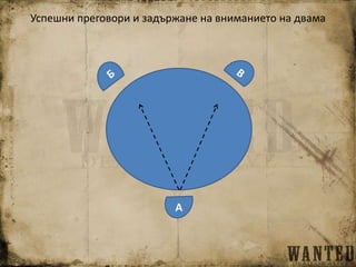 А
Успешни преговори и задържане на вниманието на двама
 