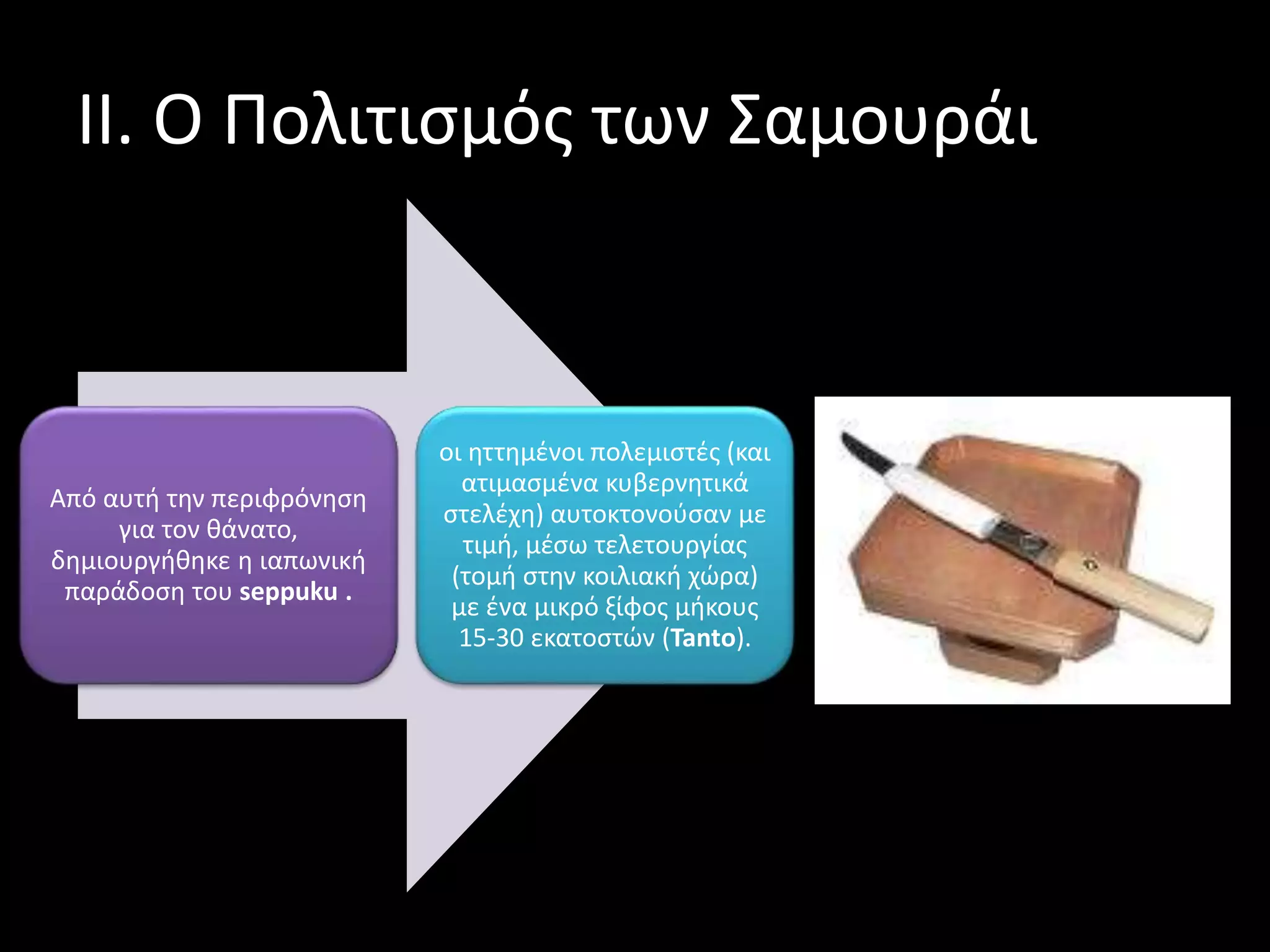 II. O Πολιτισμός των Σαμουράι
Από αυτή την περιφρόνηση
για τον θάνατο,
δημιουργήθηκε η ιαπωνική
παράδοση του seppuku .
οι ηττημένοι πολεμιστές (και
ατιμασμένα κυβερνητικά
στελέχη) αυτοκτονούσαν με
τιμή, μέσω τελετουργίας
(τομή στην κοιλιακή χώρα)
με ένα μικρό ξίφος μήκους
15-30 εκατοστών (Tantο).
 