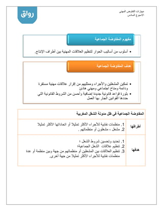 ‫المهنى‬ ‫التفاوض‬ ‫مهارات‬
‫االسبوع‬‫السادس‬
‫الجماعية‬ ‫المفاوضة‬‫المغربية‬ ‫الشغل‬ ‫مدونة‬ ‫ظل‬ ‫في‬
‫أطرافها‬1.‫تم‬ ‫األكثر‬ ‫لألجراء‬ ‫نقابية‬ ‫منظمات‬‫تمثيال‬ ‫األكثر‬ ‫اتحاداتها‬ ‫أو‬ ‫ثيال‬
2.‫منظماتهم‬ ‫أو‬ ‫مشغلون‬ ، ‫مشغل‬.
‫هدفها‬
1.‫؛‬ ‫الشغل‬ ‫شروط‬ ‫وتحسين‬ ‫تحديد‬
2.‫الجماعية؛‬ ‫الشغل‬ ‫عالقات‬ ‫تنظيم‬
3.‫بين‬ ‫العالقات‬ ‫تنظيم‬‫عدة‬ ‫أو‬ ‫منظمة‬ ‫وبين‬ ‫جهة‬ ‫من‬ ‫منظماتهم‬ ‫أو‬ ‫المشغلين‬
‫أخرى‬ ‫جهة‬ ‫من‬ ‫تمثيال‬ ‫األكثر‬ ‫لألجراء‬ ‫نقابية‬ ‫منظمات‬.
•‫اإلنتاج‬ ‫أطراف‬ ‫بين‬ ‫المهنية‬ ‫العالقات‬ ‫لتنظيم‬ ‫الحوار‬ ‫أساليب‬ ‫من‬ ‫أسلوب‬.
‫الجماعية‬ ‫المفاوضة‬ ‫مفهوم‬
•‫مستقرة‬ ‫مهنية‬ ‫عالقات‬ ‫إقرار‬ ‫من‬ ‫وممثليهم‬ ‫واألجراء‬ ‫المشغلين‬ ‫تمكين‬
‫هادئ‬ ‫ومهني‬ ‫اجتماعي‬ ‫ومناخ‬ ‫ودائمة‬
•‫التي‬ ‫القانونية‬ ‫الشروط‬ ‫من‬ ‫وأحسن‬ ‫إضافية‬ ‫جديدة‬ ‫قانونية‬ ‫قواعد‬ ‫بلورة‬
‫العمل‬ ‫بها‬ ‫الجار‬ ‫القوانين‬ ‫حددها‬
‫الجماعية‬ ‫المفاوضة‬ ‫هدف‬
 
