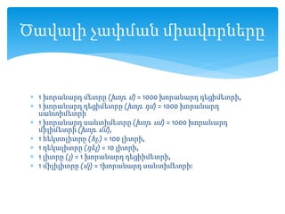  1 խորանարդ մետրը (խոր. մ) = 1000 խորանարդ դեցիմետրի,
 1 խորանարդ դեցիմետրը (խոր. դմ) = 1000 խորանարդ
սանտիմետրի
 1 խորանարդ սանտիմետրը (խոր. սմ) = 1000 խորանարդ
միլիմետրի (խոր. մմ),
 1 հեկտոլիտրը (հլ.) = 100 լիտրի,
 1 դեկալիտրը (դել) = 10 լիտրի,
 1 լիտրը (լ) = 1 խորանարդ դեցիիմետրի,
 1 միլիլիտրը (մլ) = 1խորանարդ սանտիմետրի:
Ծավալի չափման միավորները
 