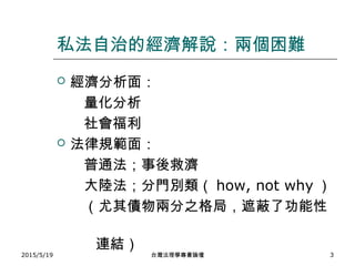 私法自治的經濟解說：兩個困難
 經濟分析面：
量化分析
社會福利
 法律規範面：
普通法；事後救濟
大陸法；分門別類（ how, not why ）
（尤其債物兩分之格局，遮蔽了功能性
連結）
2015/5/19 台灣法理學專書論壇 3
 