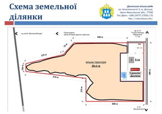 Долинська міська рада
пр. Незалежності 5, м. Долина,
Івано-Франківська обл., 77500
Тел./факс: +380 (3477) 27030 / 35
http://rada.dolyna.info/
Схема земельної
ділянки
 