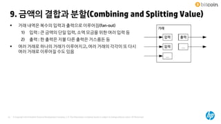 © Copyright 2014 Hewlett-Packard Development Company, L.P. The information contained herein is subject to change without notice. HP Restricted23
9. 금액의 결합과 분할(Combining and Splitting Value)
 거래 내역은 복수의 입력과 출력으로 이루어짐(fan-out)
1) 입력 : 큰 금액의 단일 입력, 소액 모금을 위한 여러 입력 등
2) 출력 : 한 출력은 지불 다른 출력은 거스름돈 등
 여러 거래로 하나의 거래가 이루어지고, 여러 거래의 각각이 또 다시
여러 거래로 이루어질 수도 있음
 