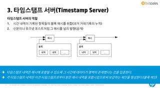 © Copyright 2014 Hewlett-Packard Development Company, L.P. The information contained herein is subject to change without notice. HP Restricted9
3. 타임스탬프 서버(Timestamp Server)
타임스탬프 서버의 역할
1. 시간 내역이 기록된 항목들의 블록 해시를 취합(과거 거래기록의 누적)
2. 신문이나 유즈넷 포스트처럼 그 해시를 널리 발행(공개)
 타임스탬프 내역은 해시에 포함될 수 있도록 그 시간에 데이터가 명백히 존재했다는 것을 입증한다.
 각 타임스탬프 내역은 이전 타임스탬프로부터 받은 해시 내역을 포함시킴으로써 보강하는 체인을 형성한다.(블록 체인)
 