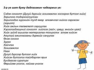 2-р үе шат буюу дадлагажин чадваржих үе:
Сэдэв сонголт (Дугуй дүрсийг зохиомжлон хосоороо бүтээл хийх)
Зорилгоо тодорхойлуулсан
Зорилгодоо хүрэхийн тулд ямар алхамчлал хийхээ гаргасан
(зорилт)
Хийх ажлын төлөвлөлт гаргуулах
Хэрэглэгдэхүүний сонголт хийлгэх (хайч, цавуу, өнгийн цаас)
Хийх зүйлд ашиглах материалаа тооцоолох алхам хийсэн
Аюулгүй ажиллагааны дүрмийг сануулах
Өнгө сонгох
Зурах
Хайчлах
Зохиомжлох
Наах
Дугуй дүрсээр бүтээл хийх
Хийсэн бүтээлээ тайлбарлан ярих
Бусдаасаа суралцах
Өөрийгөө үнэлэх, найзаа үнэлэх
 