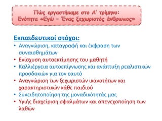Εκπαιδευτικοί στόχοι:
• Αναγνώριση, καταγραφή και έκφραση των
συναισθημάτων
• Ενίσχυση αυτοεκτίμησης του μαθητή
• Καλλιέργεια αυτοεπίγνωσης και ανάπτυξη ρεαλιστικών
προσδοκιών για τον εαυτό
• Αναγνώριση των ξεχωριστών ικανοτήτων και
χαρακτηριστικών κάθε παιδιού
• Συνειδητοποίηση της μοναδικότητάς μας
• Υγιής διαχείριση σφαλμάτων και απενεχοποίηση των
λαθών
 