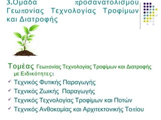 3. πΟμάδα ροσανατολισμού
πΓεω ονίας Τεχνολογίας Τροφίμων
και Διατροφής
Τομέας πΓεω ονίας Τεχνολογίας Τροφίμων και Διατροφής
με Ειδικότητες:
 Τεχνικός Φυτικής Παραγωγής
 Τεχνικός Ζωικής Παραγωγής
 Τεχνικός Τεχνολογίας Τροφίμων και Ποτών
 πΤεχνικός Ανθοκομίας και Αρχιτεκτονικής Το ίου
 
