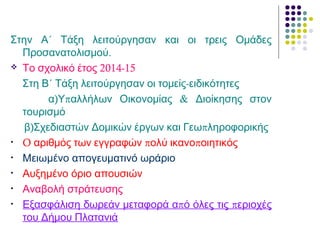 ´Στην Α Τάξη λειτούργησαν και οι τρεις Ομάδες
Προσανατολισμού.
 2014-15Το σχολικό έτος
´ -Στη Β Τάξη λειτούργησαν οι τομείς ειδικότητες
) π &α Υ αλλήλων Οικονομίας Διοίκησης στον
τουρισμό
) πβ Σχεδιαστών Δομικών έργων και Γεω ληροφορικής
• O π παριθμός των εγγραφών ολύ ικανο οιητικός
• Μειωμένο απογευματινό ωράριο
• Αυξημένο όριο απουσιών
• Αναβολή στράτευσης
• π πΕξασφάλιση δωρεάν μεταφορά α ό όλες τις εριοχές
του Δήμου Πλατανιά
 