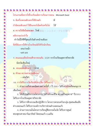  
 
โปรแกรมที่อยากให้โรงเรียนจัดการเรียนการสอน Microsoft Excel
5. มีเครื่องคอมพิวเตอร์ใช้ส่วนตัว :มี
ถ้ามีคอมพิวเตอร์ ใช้อินเทอร์เน็ตด้วยหรือไม่ :ใช้
6. ความใฝ่ฝันในอนาคต :ไกด์
คติธรรมประจําใจ
:ทําวันนี้ ให้ดีที่สุดแล้ววันข้างหน้าจะดีเอง
สิ่งที่ต้องการให้ทางโรงเรียนจัดให้กับนักเรียน
-สระว่ายนํ้า
-wifi แรง
7. คะแนนเฉลี่ยมัธยมศึกษาตอนต้น : 2.31 จากโรงเรียนยุพราชวิทยาลัย
จังหวัดเชียงใหม่
8. คะแนนเฉลี่ย ม.5 : 3.34
9. ทักษะ/ความสามารถพิเศษ
- เล่นกีฬา
10. การได้รับรางวัลเกียรติบัตร(ชื่อ-ได้รับจาก)
1. ผ่านการเข้าค่ายคณิตศาสตร์ ครั้งที่ 7 ปี 2551 ได้รับจากโรงเรียนอนุบาล
เชียงใหม่
2. ได้เข้าร่วมกิจกรรมโครงการ “สร้างทักษะชีวิต ความเป็นยุพราช” ปี2553
ได้รับจากโรงเรียนยุพราชวิทยาลัย
3. ได้รับการฝึกอบรมเชิงปฏิบัติการ โครงการครอบครัวอบอุ่น ชุมชนเข้มแข็ง
ตําบลดอนแก้ว ได้รับจากองค์การบริหารส่วนตําบลดอนแก้ว
4. ผ่านการอบรมในโครงการเรียนรู้ศีลธรรมในวัด ได้รับจากศูนย์
พระพุทธศาสนาวันอาทิตย์ วัดดอนแก้ว อ.แม่ริม
 