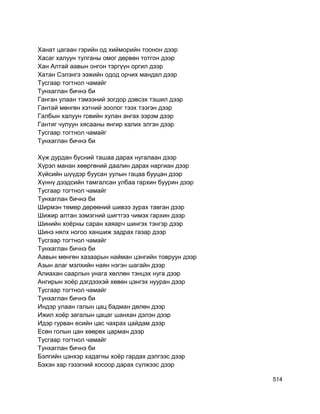 Ханат цагаан гэрийн од хийморийн тоонон дээр
Хасаг халуун тулганы омог дөрвөн тотгон дээр
Хан Алтай аавын онгон тэргүүн оргил дээр
Хатан Сэлэнгэ ээжийн одод орчих мандал дээр
Тусгаар тогтнол чамайг
Тунхаглан бичнэ би
Ганган улаан тэмээний зогдор дэвсэх тэшил дээр
Гантай мөнгөн хэтний зоолог тээх тээгэн дээр
Галбын халуун говийн хулан ангах ээрэм дээр
Гантиг чулуун хясааны янгир халих элгэн дээр
Тусгаар тогтнол чамайг
Тунхаглан бичнэ би
Хүж дурдан бүсний ташаа дарах нугалаан дээр
Хүрэл манан хөөргөний даалин дарах наргиан дээр
Хүйсийн шүүдэр буусан уулын гацаа бууцан дээр
Хүннү дээдсийн тамгалсан улбаа гархин буурин дээр
Тусгаар тогтнол чамайг
Тунхаглан бичнэ би
Ширмэн төмөр дөрөөний шивээ зурах тавган дээр
Шижир алтан ээмэгний шигтгээ чимэх гархин дээр
Шинийн хоёрны саран хаяарч шингэх тэнгэр дээр
Шинэ нялх ногоо ханшиж задрах газар дээр
Тусгаар тогтнол чамайг
Тунхаглан бичнэ би
Аавын мөнгөн хазаарын найман цэнгийн товруун дээр
Азын алаг мэлхийн наян нэгэн шагайн дээр
Алиахан саарлын унага хөллөн тэнцэх нуга дээр
Ангирын хоёр дэгдээхэй хөвөн цэнгэх нууран дээр
Тусгаар тогтнол чамайг
Тунхаглан бичнэ би
Индэр улаан галын цац бадман дөлөн дээр
Ижил хоёр загалын цацаг шанхан дэлэн дээр
Идэр гурван есийн цас чахрах цайдам дээр
Есөн голын цан хөөрөх царман дээр
Тусгаар тогтнол чамайг
Тунхаглан бичнэ би
Бэлгийн цэнхэр хадагны хоёр гардах дэлгээс дээр
Бэхэн хар гэзэгний хосоор дарах сүлжээс дээр
514
 