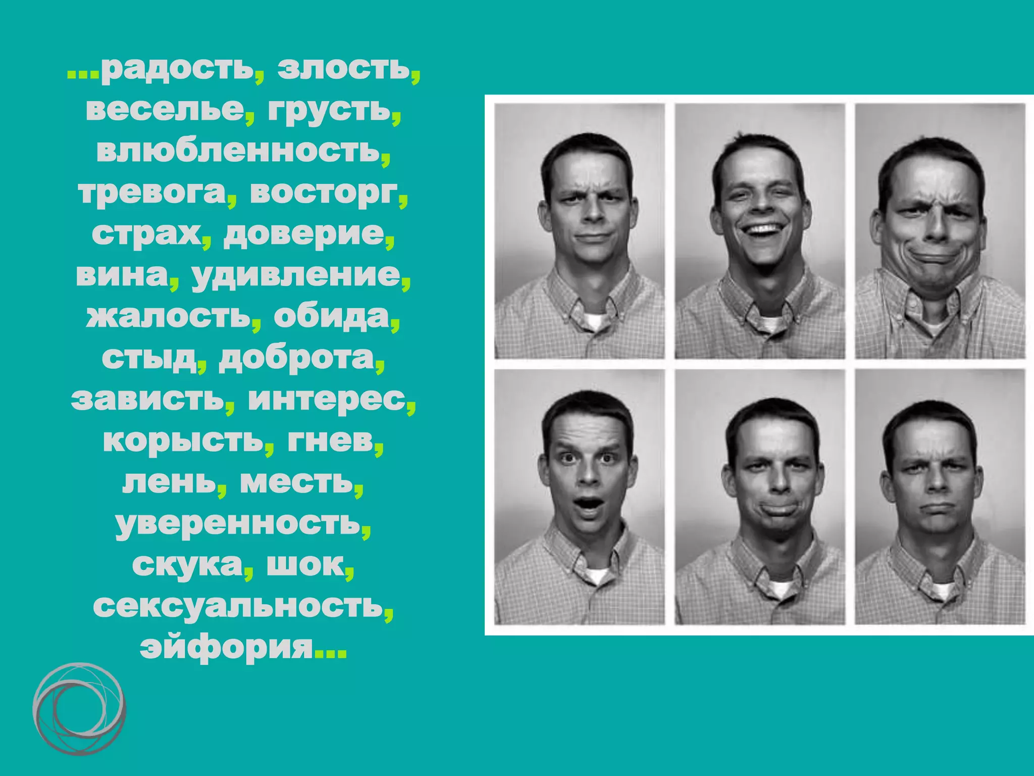 …радость, злость,
веселье, грусть,
влюбленность,
тревога, восторг,
страх, доверие,
вина, удивление,
жалость, обида,
стыд, доброта,
зависть, интерес,
корысть, гнев,
лень, месть,
уверенность,
скука, шок,
сексуальность,
эйфория…
 