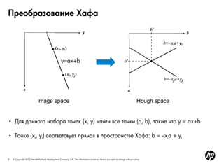 21 © Copyright 2012 Hewlett-Packard Development Company, L.P. The information contained herein is subject to change without notice.
Преобразование Хафа
image space Hough space
• Для данного набора точек (x, y) найти все точки (a, b), такие что y = ax+b
y=ax+b
• Точке (xi, yi) соответсвует прямая в пространстве Хафа: b = –xia + yi
 