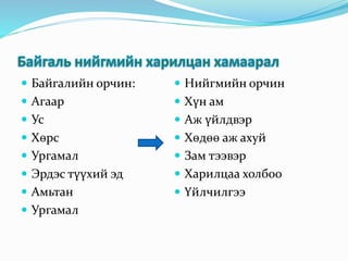  Байгалийн орчин:
 Агаар
 Ус
 Хөрс
 Ургамал
 Эрдэс түүхий эд
 Амьтан
 Ургамал
 Нийгмийн орчин
 Хүн ам
 Аж үйлдвэр
 Хөдөө аж ахуй
 Зам тээвэр
 Харилцаа холбоо
 Үйлчилгээ
 