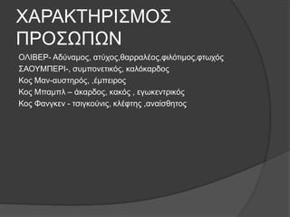 ΧΑΡΑΚΤΗΡΙΣΜΟΣ
ΠΡΟΣΩΠΩΝ
ΟΛΙΒΕΡ- Αδύναμος, ατύχος,θαρραλέος,φιλότιμος,φτωχός
ΣΑΟΥΜΠΕΡΙ-, συμπονετικός, καλόκαρδος
Κος Μαν-αυστηρός, ,έμπειρος
Κος Μπαμπλ – άκαρδος, κακός , εγωκεντρικός
Κος Φανγκεν - τσιγκούνις, κλέφτης ,αναίσθητος
 