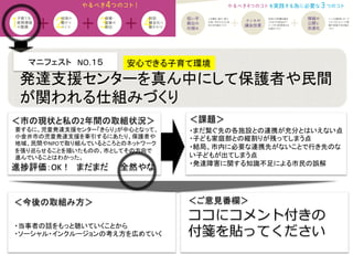 マニフェスト　NO.１５　　	
  
＜課題＞	
＜今後の取組み方＞	
 ＜ご意見番欄＞	
ココにコメント付きの
付箋を貼ってください
進捗評価：OK！　まだまだ　　全然やな	
要するに、児童発達支援センター「きらり」が中心となって、
小金井市の児童発達支援を牽引するにあたり、保護者や
地域、民間やNPOで取り組んでいるところとのネットワーク
を張り巡らせることを描いたものの、市としてその方向で
進んでいることはわかった。	
  
発達支援センターを真ん中にして保護者や民間
が関われる仕組みづくり 	
安心できる子育て環境	
・まだ繋ぐ先の各施設との連携が充分とはいえない点	
  
・子ども家庭部との縦割りが残ってしまう点	
  
・結局、市内に必要な連携先がないことで行き先のな
い子どもが出てしまう点	
  
・発達障害に関する知識不足による市民の誤解	
  
・当事者の話をもっと聴いていくことから	
  
・ソーシャル・インクルージョンの考え方を広めていく	
  
＜市の現状と私の2年間の取組状況＞	
 