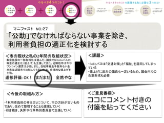 マニフェスト　NO.２７	
  
＜課題＞	
＜今後の取組み方＞	
 ＜ご意見番欄＞	
ココにコメント付きの
付箋を貼ってください
進捗評価：OK！　まだまだ　　全然やな	
集会施設の一部有料化は進んだ。議会ではCoCoバスの
料金の適正化（値上げ）も主張してきた。近隣他市は今や
ワンコイン運賃は少数。また、自転車撤去手数料も小金
井市は近隣市で比較しても安いため、合理的な値上げを
主張。	
「公助」でなければならない事業を除き、	
  
利用者負担の適正化を検討する	
＜市の現状と私の2年間の取組状況＞	
	
  
・CoCoバスは「交通対策」と「福祉」を混同してしまっ
ている	
  
・値上げに反対の議員も一定いるため、議会内での
合意形成も必要	
	
  
・「利用者負担の考え方」について、市の方針が古いもの
であり、改めて整理することも提案していく	
  
・引き続き、決算や行革特別委員会で主張していく	
  
 