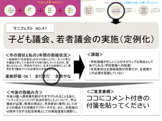 マニフェスト　NO.４１	
  
＜課題＞	
＜今後の取組み方＞	
 ＜ご意見番欄＞	
ココにコメント付きの
付箋を貼ってください
進捗評価：OK！　まだまだ　　全然やな	
子ども議会、若者議会の実施（定例化）	
＜市の現状と私の2年間の取組状況＞	
一般質問で「市民参加」の中でも取り上げた。かつて青少
年議会と称して小金井市でも取り組んでいたものの、実
施しなくなった。学校内ではなく、生活する地域のことに意
見を言う機会づくりの必要性は共有できたか。	
・学校現場が忙しいことがネガティブな理由として
あげられる（学校現場への配慮）	
  
・市民参加は企画財政部が所管だが、企画側で
この必要を認識していない	
今後18歳へ選挙権年齢が引き下げられることもあり、
「シティズンシップ」や「自治を担うこと」について、学ぶ
機会が必要。教育の視点と、市民参加（権利）としての
２つの視点で引き続きアプローチする。また、市政施行
60周年でまずは記念事業としての実施提案も視野に。	
 