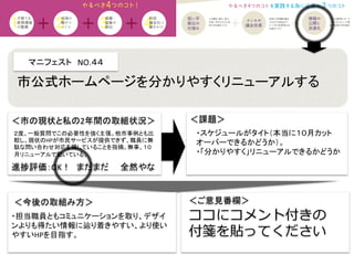 マニフェスト　NO.４４	
  
＜課題＞	
＜今後の取組み方＞	
 ＜ご意見番欄＞	
ココにコメント付きの
付箋を貼ってください
進捗評価：OK！　まだまだ　　全然やな	
２度、一般質問でこの必要性を強く主張。他市事例とも比
較し、現状のHPが市民サービスが提供できず、職員に無
駄な問い合わせ対応を課していることを指摘。無事、１０
月リニューアルで動いている。	
市公式ホームページを分かりやすくリニューアルする	
＜市の現状と私の2年間の取組状況＞	
・スケジュールがタイト（本当に１０月カット
オーバーできるかどうか）。	
  
・「分かりやすく」リニューアルできるかどうか	
  
	
・担当職員ともコミュニケーションを取り、デザイ
ンよりも得たい情報に辿り着きやすい、より使い
やすいHPを目指す。	
 