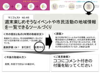 マニフェスト　NO.４６	
  
＜課題＞	
＜今後の取組み方＞	
 ＜ご意見番欄＞	
ココにコメント付きの
付箋を貼ってください
進捗評価：OK！　まだまだ　　全然やな	
取組めていません。市は地域情報ポータルサイ
トをつくる計画があったものの、一旦白紙に戻し
ている。	
週末楽しめそうなイベントや市民活動の地域情報
を一覧できるツールづくり	
＜市の現状と私の2年間の取組状況＞	
他で代用が利くツールやHPでの情報、WEBサイト、
観光協会からの情報など、SNSも含め多様な情報
があふれている。市でやるべきことかどうか。子育
て情報サイトとしては「のびのびーの」があるが、そ
れが充分活用されているか、と検証も必要	
民間、市民でできないか検討中。	
 