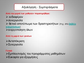 AΑξιολόγηση - Συμπεράσματα
Από την μεριά των μαθητών παρατηρήθηκε:
 ενδιαφέρον
συνεργασία
 θετικό αποτύπωμα των δραστηριοτήτων (π.χ. στο βιβλίο
αναμνήσεων)
ενεργοποίηση όλων
Από τη μεριά των γονέων
Ανταπόκριση
Συνεργασία
Γενικά
Εμπλουτισμός του προγράμματος μαθημάτων
Ευκαιρία για εξορμήσεις
 
