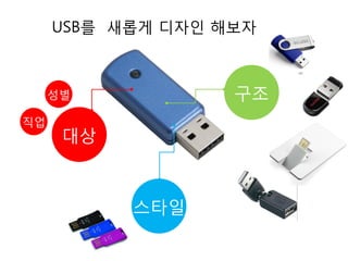 USB를 새롭게 디자인 해보자
대상
성별
직업
구조
스타일
 
