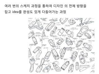 여러 번의 스케치 과정을 통하여 디자인 의 전체 방향을
잡고 idea를 완성도 있게 다듬어가는 과정
 