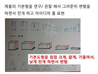 제품의 기본형을 연구/ 관찰 해서 그려준뒤 변형을
하면서 전개 하고 아이디어 를 표현
기본도형을 점점 크게, 얇게, 기울여서,
낮게 전개 하면서 변형.
 