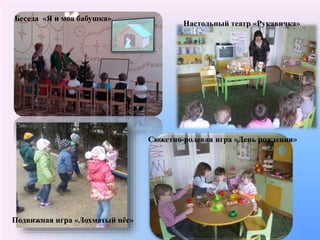Беседа «Я и моя бабушка»
Настольный театр «Рукавичка»
Подвижная игра «Лохматый пёс»
Сюжетно-ролевая игра «День рождения»
 
