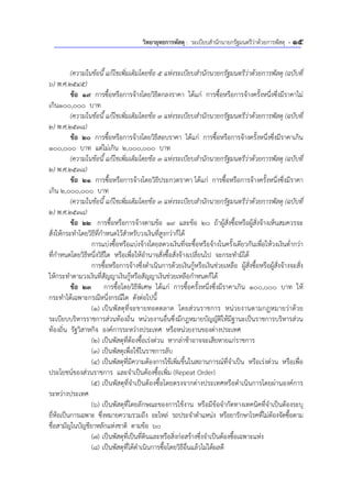 วิทยายุทธการพัสดุ : ระเบียบสํานักนายกรัฐมนตรีว่าด้วยการพัสดุ - 15
(ความในข้อนี้ แก้ไขเพิ่มเติมโดยข้อ 5 แห่งระเบียบสํานักนายกรัฐมนตรีว่าด้วยการพัสดุ (ฉบับที่
6) พ.ศ.2545)
ข้อ 19 การซื้อหรือการจ้างโดยวิธีตกลงราคา ได้แก่ การซื้อหรือการจ้างครั้งหนึ่งซึ่งมีราคาไม่
เกิน100,000 บาท
(ความในข้อนี้ แก้ไขเพิ่มเติมโดยข้อ 3 แห่งระเบียบสํานักนายกรัฐมนตรีว่าด้วยการพัสดุ (ฉบับที่
2) พ.ศ.2538)
ข้อ 20 การซื้อหรือการจ้างโดยวิธีสอบราคา ได้แก่ การซื้อหรือการจ้างครั้งหนึ่งซึ่งมีราคาเกิน
100,000 บาท แต่ไม่เกิน 2,000,000 บาท
(ความในข้อนี้ แก้ไขเพิ่มเติมโดยข้อ 3 แห่งระเบียบสํานักนายกรัฐมนตรีว่าด้วยการพัสดุ (ฉบับที่
2) พ.ศ.2538)
ข้อ 21 การซื้อหรือการจ้างโดยวิธีประกวดราคา ได้แก่ การซื้อหรือการจ้างครั้งหนึ่งซึ่งมีราคา
เกิน 2,000,000 บาท
(ความในข้อนี้ แก้ไขเพิ่มเติมโดยข้อ 3 แห่งระเบียบสํานักนายกรัฐมนตรีว่าด้วยการพัสดุ (ฉบับที่
2) พ.ศ.2538)
ข้อ 22 การซื้อหรือการจ้างตามข้อ 19 และข้อ 20 ถ้าผู้สั่งซื้อหรือผู้สั่งจ้างเห็นสมควรจะ
สั่งให้กระทําโดยวิธีที่กําหนดไว้สําหรับวงเงินที่สูงกว่าก็ได้
การแบ่งซื้อหรือแบ่งจ้างโดยลดวงเงินที่จะซื้อหรือจ้างในครั้งเดียวกันเพื่อให้วงเงินต่ํากว่า
ที่กําหนดโดยวิธีหนึ่งวิธีใด หรือเพื่อให้อํานาจสั่งซื้อสั่งจ้างเปลี่ยนไป จะกระทํามิได้
การซื้อหรือการจ้างซึ่งดําเนินการด้วยเงินกู้หรือเงินช่วยเหลือ ผู้สั่งซื้อหรือผู้สั่งจ้างจะสั่ง
ให้กระทําตามวงเงินที่สัญญาเงินกู้หรือสัญญาเงินช่วยเหลือกําหนดก็ได้
ข้อ 23 การซื้อโดยวิธีพิเศษ ได้แก่ การซื้อครั้งหนึ่งซึ่งมีราคาเกิน 100,000 บาท ให้
กระทําได้เฉพาะกรณีหนึ่งกรณีใด ดังต่อไปนี้
(1) เป็นพัสดุที่จะขายทอดตลาด โดยส่วนราชการ หน่วยงานตามกฎหมายว่าด้วย
ระเบียบบริหารราชการส่วนท้องถิ่น หน่วยงานอื่นซึ่งมีกฎหมายบัญญัติให้มีฐานะเป็นราชการบริหารส่วน
ท้องถิ่น รัฐวิสาหกิจ องค์การระหว่างประเทศ หรือหน่วยงานของต่างประเทศ
(2) เป็นพัสดุที่ต้องซื้อเร่งด่วน หากล่าช้าอาจจะเสียหายแก่ราชการ
(3) เป็นพัสดุเพื่อใช้ในราชการลับ
(4) เป็นพัสดุที่มีความต้องการใช้เพิ่มขึ้นในสถานการณ์ที่จําเป็น หรือเร่งด่วน หรือเพื่อ
ประโยชน์ของส่วนราชการ และจําเป็นต้องซื้อเพิ่ม (Repeat Order)
(5) เป็นพัสดุที่จําเป็นต้องซื้อโดยตรงจากต่างประเทศหรือดําเนินการโดยผ่านองค์การ
ระหว่างประเทศ
(6) เป็นพัสดุที่โดยลักษณะของการใช้งาน หรือมีข้อจํากัดทางเทคนิคที่จําเป็นต้องระบุ
ยี่ห้อเป็นการเฉพาะ ซึ่งหมายความรวมถึง อะไหล่ รถประจําตําแหน่ง หรือยารักษาโรคที่ไม่ต้องจัดซื้อตาม
ชื่อสามัญในบัญชียาหลักแห่งชาติ ตามข้อ 60
(7) เป็นพัสดุที่เป็นที่ดินและหรือสิ่งก่อสร้างซึ่งจําเป็นต้องซื้อเฉพาะแห่ง
(8) เป็นพัสดุที่ได้ดําเนินการซื้อโดยวิธีอื่นแล้วไม่ได้ผลดี
 