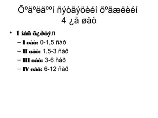 Õºäºëãººí ñýòãýöèéí õºãæëèéí
4 ¿å øàò
• 1 íàñ õ¿ðòýл
– I øàò: 0-1,5 ñàð
– II øàò: 1.5-3 ñàð
– III øàò: 3-6 ñàð
– IV øàò: 6-12 ñàð
 