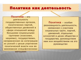 Политика как деятельность
Политика – это
деятельность
государственных органов,
политических партий,
общественных движений в
сфере отношений между
большими социальными
группами (классами,
нациями), государствами,
направленная на интеграцию
их усилий с целью упрочения
политической власти или ее
завоевания специфическими
методами
Политика – особая
разновидность деятельности,
связанная с участием
социальных групп, партий,
движений, отдельных
личностей в делах общества и
государства, руководством
ими или воздействием на это
руководство
 