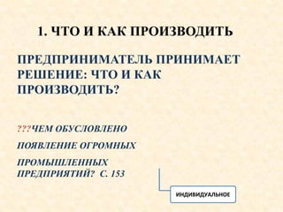 1. ЧТО И КАК ПРОИЗВОДИТЬ
ПРЕДПРИНИМАТЕЛЬ ПРИНИМАЕТ
РЕШЕНИЕ: ЧТО И КАК
ПРОИЗВОДИТЬ?
???ЧЕМ ОБУСЛОВЛЕНО
ПОЯВЛЕНИЕ ОГРОМНЫХ
ПРОМЫШЛЕННЫХ
ПРЕДПРИЯТИЙ? С. 153
ИНДИВИДУАЛЬНОЕ
 