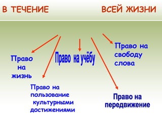В ТЕЧЕНИЕ ВСЕЙ ЖИЗНИ
Право на
свободу
слова
Право на
пользование
культурными
достижениями
Право
на
жизнь
 