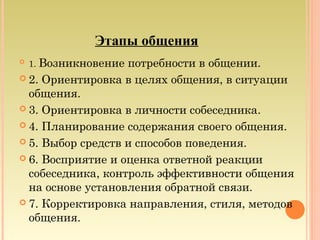 Этапы общения
 1. Возникновение потребности в общении.
 2. Ориентировка в целях общения, в ситуации
общения.
 3. Ориентировка в личности собеседника.
 4. Планирование содержания своего общения.
 5. Выбор средств и способов поведения.
 6. Восприятие и оценка ответной реакции
собеседника, контроль эффективности общения
на основе установления обратной связи.
 7. Корректировка направления, стиля, методов
общения.
 