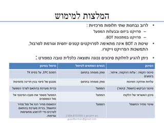 ‫למימוש‬ ‫המלצות‬
•‫מרכזיות‬ ‫חלופות‬ ‫שתי‬ ‫נבחנות‬ ‫לרוב‬:
–‫המפעל‬ ‫ובבעלות‬ ‫ביזום‬ ‫פרויקט‬
–‫במתכונת‬ ‫פרויקט‬BOT.
•‫ה‬ ‫שיטת‬BOT‫לסרבול‬ ‫וגורמת‬ ‫יחסית‬ ‫קטנים‬ ‫לפרויקטים‬ ‫מתאימה‬ ‫אינה‬,
‫וייקורו‬ ‫הפרויקט‬ ‫התמשכות‬.
•‫כמפורט‬ ‫טובה‬ ‫כלכלית‬ ‫ותוצאה‬ ‫נכונה‬ ‫סיכונים‬ ‫לחלוקת‬ ‫להגיע‬ ‫ניתן‬:
‫הסיכון‬‫לטיפול‬ ‫המתאים‬ ‫הגורם‬‫בסיכון‬ ‫טיפול‬
‫הקמה‬ ‫סיכוני‬:‫ההקמה‬ ‫עלות‬,‫איחור‬,
‫ביצועים‬
‫בתחום‬ ‫מומחה‬ ‫ספק‬‫הסכם‬EPC,‫בסיס‬ ‫על‬TK
‫וזמינות‬ ‫אחזקה‬ ‫עלויות‬‫בתחום‬ ‫מומחה‬ ‫ספק‬‫מזמינות‬ ‫חריגה‬ ‫בגין‬ ‫פיצוי‬ ‫של‬ ‫מנגנון‬
‫הביקוש‬ ‫סיכוני‬(‫חשמל‬,‫קיטור‬)‫המפעל‬‫המפעל‬ ‫לצרכי‬ ‫בהתאם‬ ‫מערכת‬ ‫בניית‬
‫סיכון‬‫הלקוח‬ ‫של‬ ‫האשראי‬‫המפעל‬‫אל‬ ‫הפיננסי‬ ‫מצבו‬ ‫את‬ ‫משפר‬ ‫המפעל‬
‫המממנים‬ ‫מול‬
‫החשמל‬ ‫מחיר‬ ‫שינויי‬‫המפעל‬‫מחיר‬ ‫מול‬ ‫אל‬ ‫הגז‬ ‫מחיר‬ ‫התאמת‬
‫החשמל‬,‫בהתאם‬ ‫מערכת‬ ‫בניית‬
‫מחשיפות‬ ‫להימנע‬ ‫כדי‬ ‫לצרכים‬
‫עודפות‬. ‫זילברמן‬ ‫גיא‬|054-8131551|
guysilberman@gmail.com
 