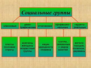 Социальные группы
классовые
демо-
графические
этнические
профессио-
нальные
террито-
риальные
классы
сословия
страты
мужчины
женщины
возрастные
группы
нации
народности
племена
группы,
связанные
с рядом
занятий
жители
городов,
поселков,
деревень
 